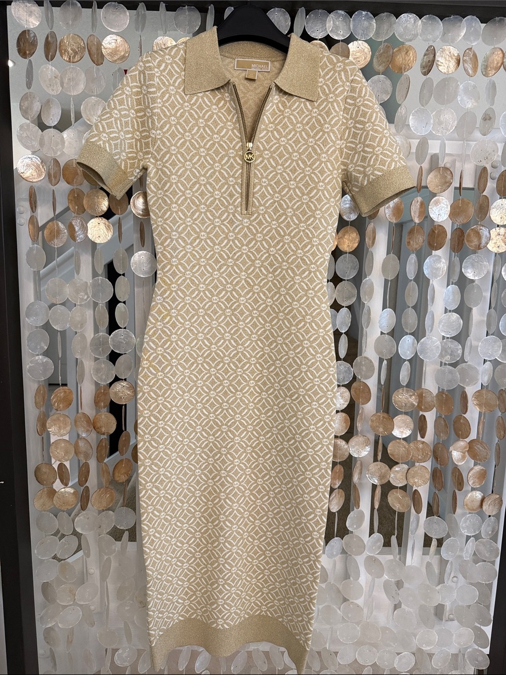 Michael Kors Beige and Cream Knit Polo Midi Dress